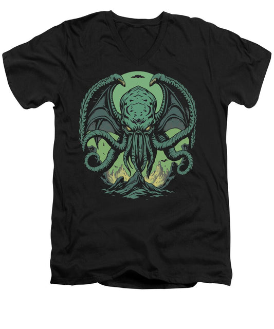Men's V-neck T-shirt, black, with teal tentacled Cthulhu graphic