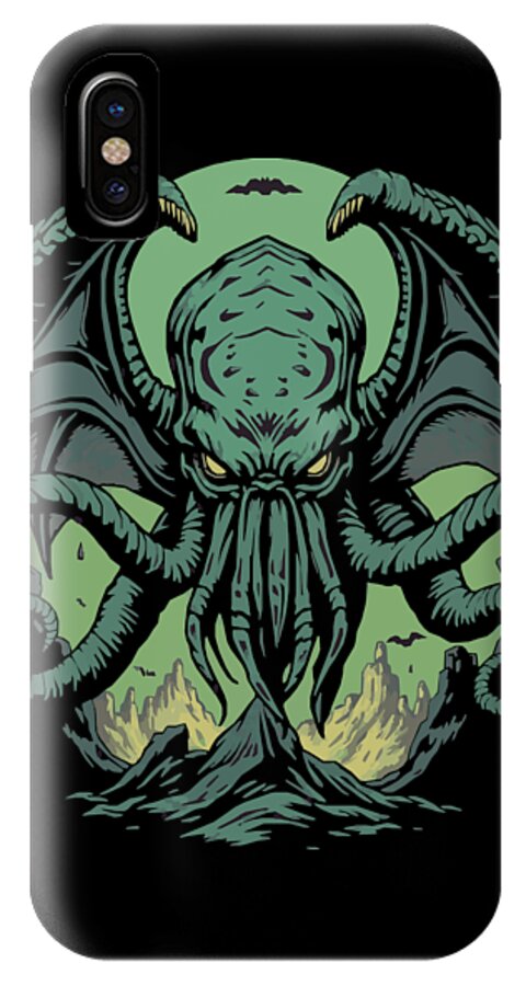 Black iPhone case with green tentacled demon face illustration, vertical camera cutout
