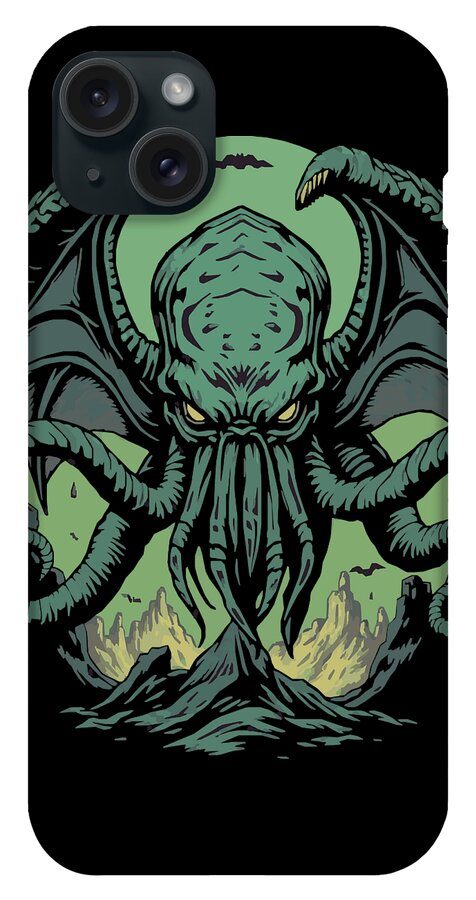 Phone case showing teal tentacled demon face, black edges, cutouts for cameras and flash