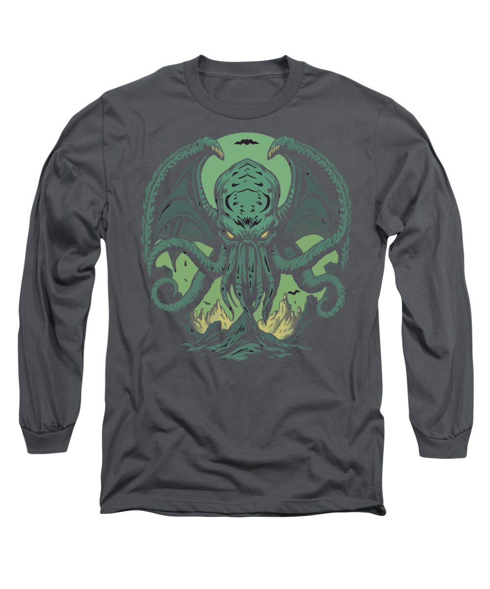 Charcoal long sleeve T-shirt with neon green monster face and tentacle graphic