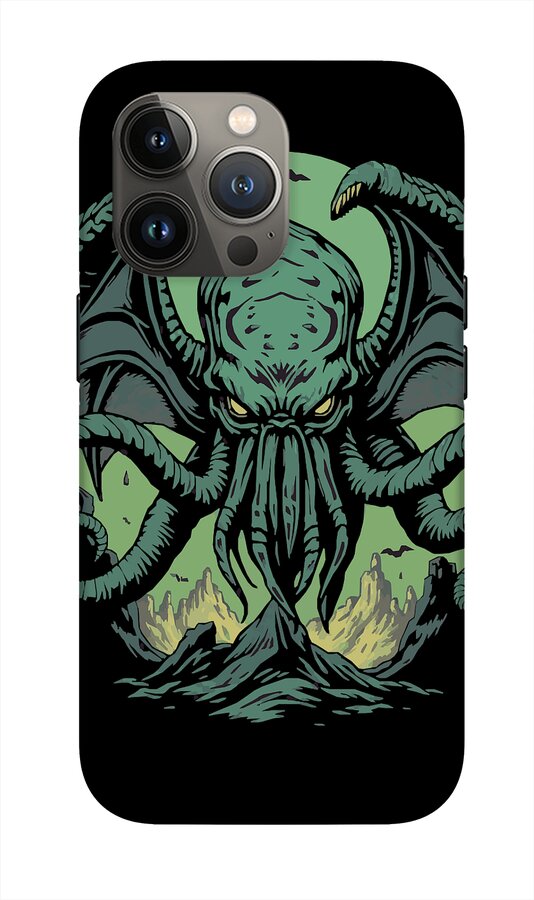 Black iPhone case with teal Cthulhu demon face and tentacles; multiple camera lenses visible.