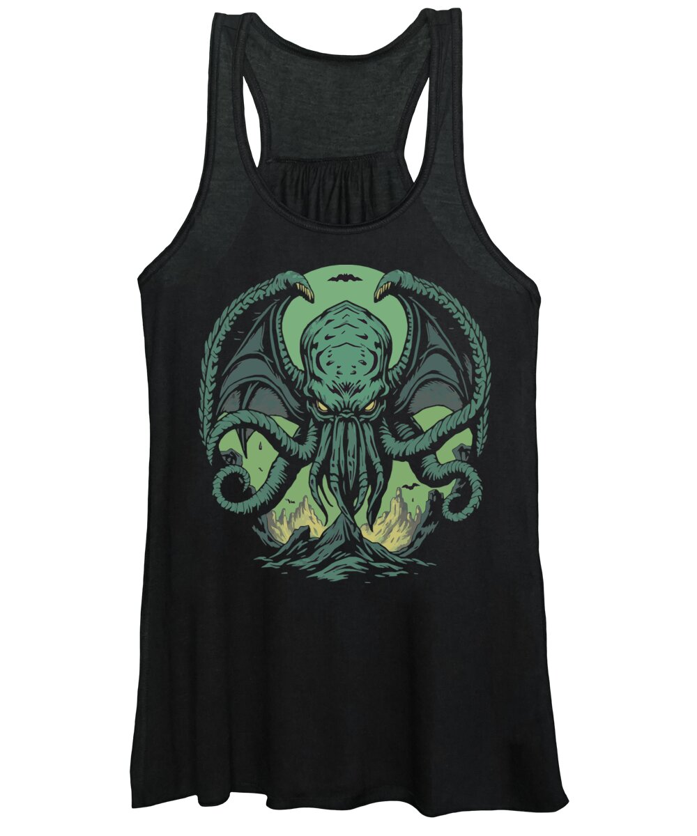 Women's tank top, black with green tentacled monster graphic front