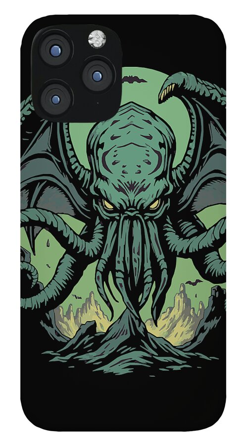 Black phone case with teal octopus-demon design and camera cutouts