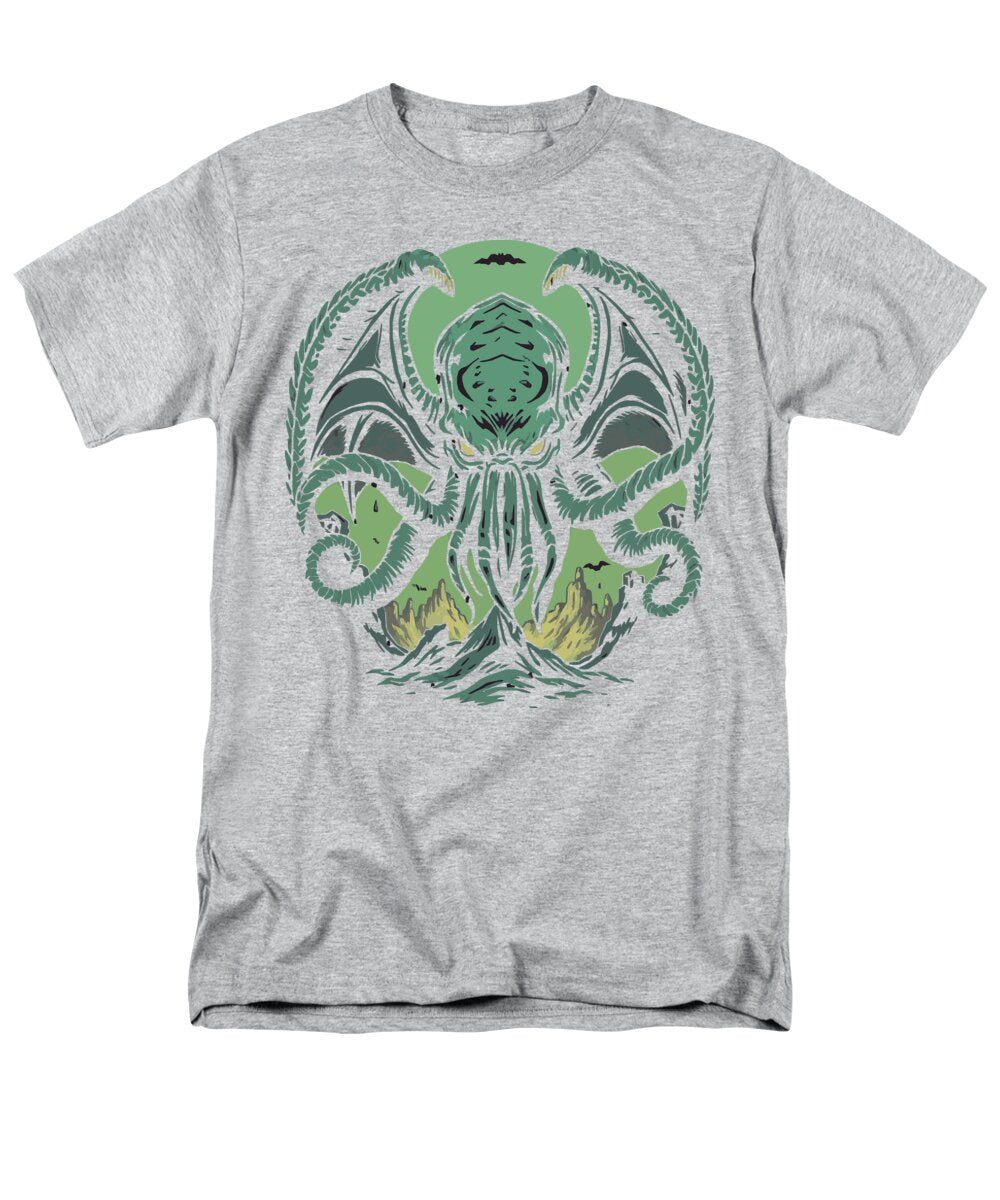 Men's graphic t-shirt, heather gray crew neck with green demon tentacle front print