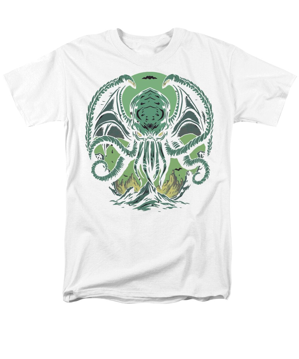 White men’s t-shirt with green tentacled monster graphic centered on chest.