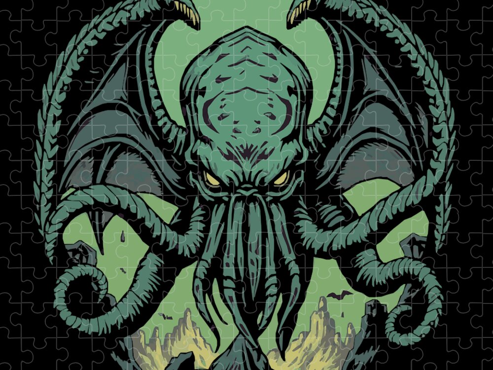 Dark fantasy jigsaw puzzle art: teal tentacled demon head, claws, and torso