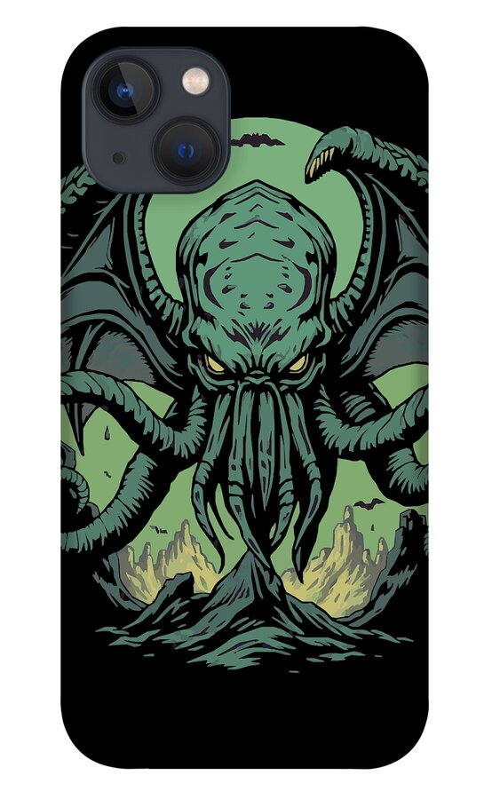 Black iPhone case featuring a teal Cthulhu demon with tentacles and claws; camera cutouts.