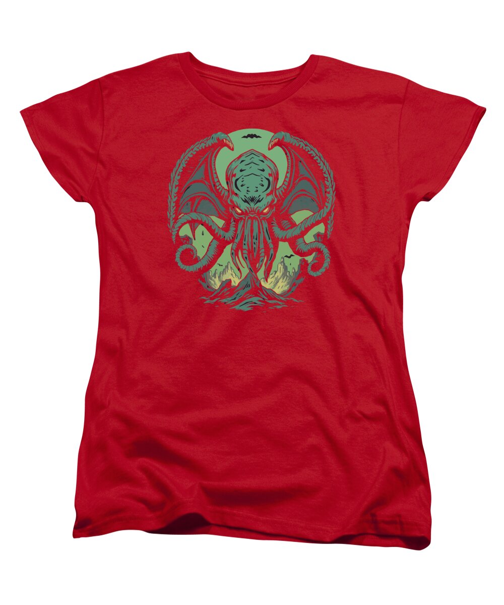 Red women’s graphic t-shirt with green tentacled demon face front print