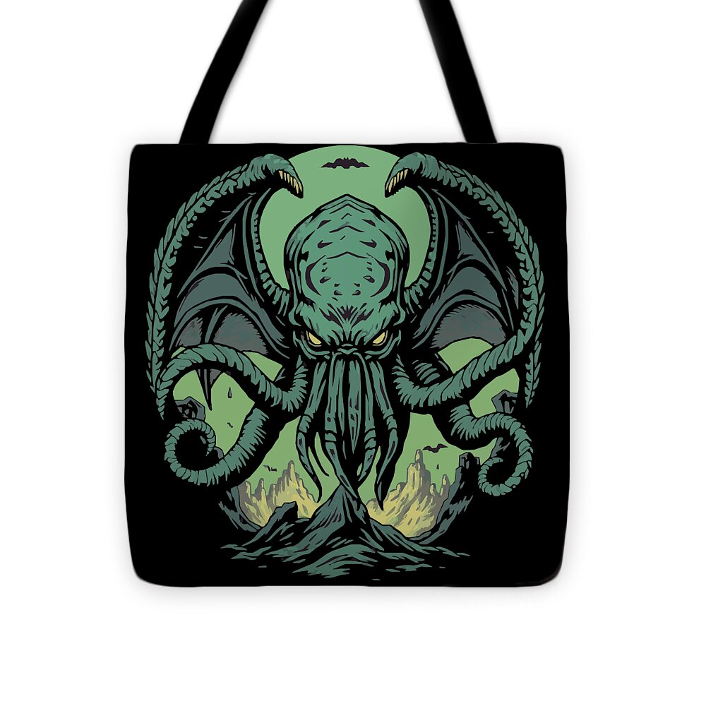 Black reusable tote bag with front graphic of teal tentacled demon and two carrying straps