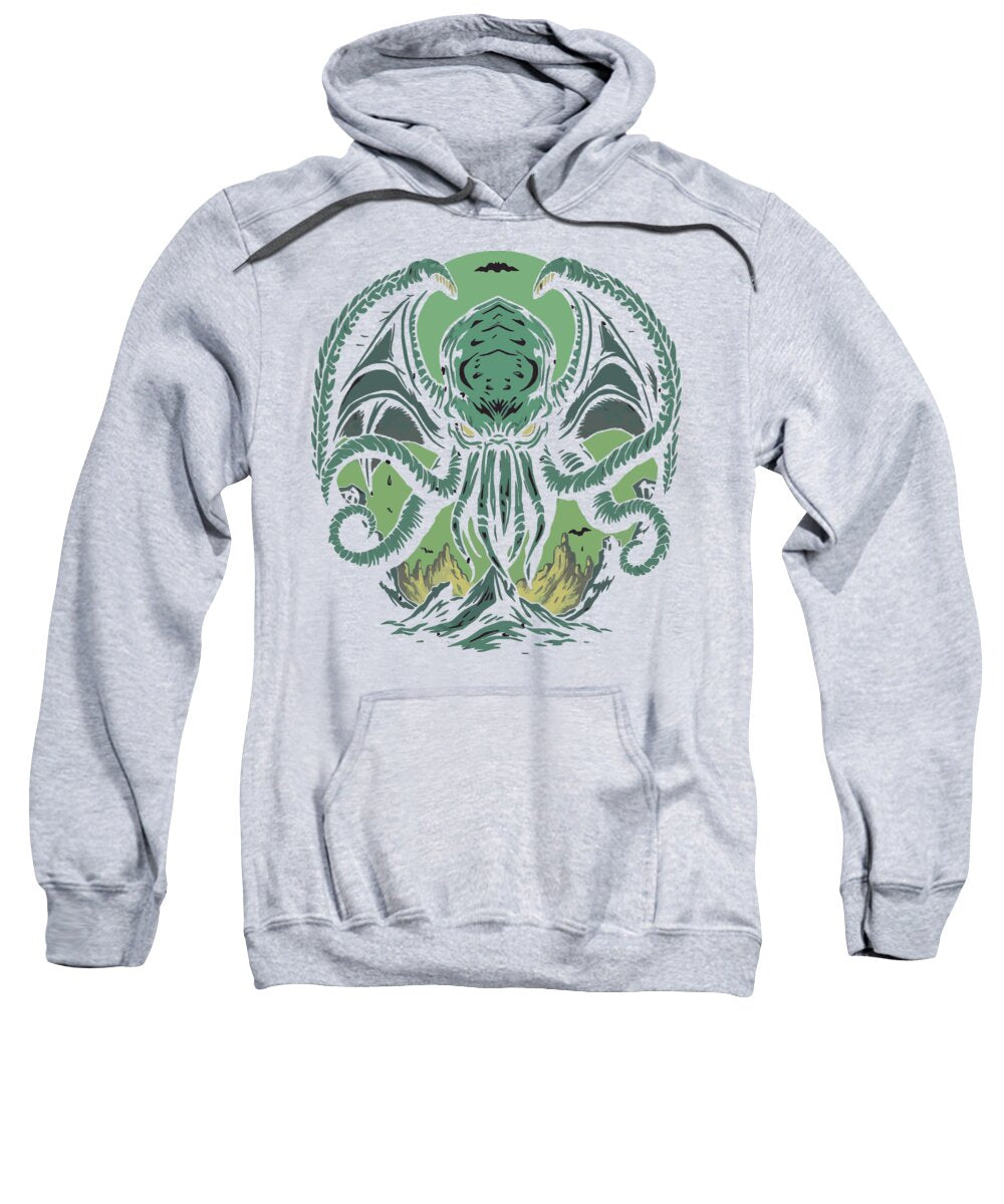 Heather gray demon graphic pullover sweatshirt with green chest illustration and hood.