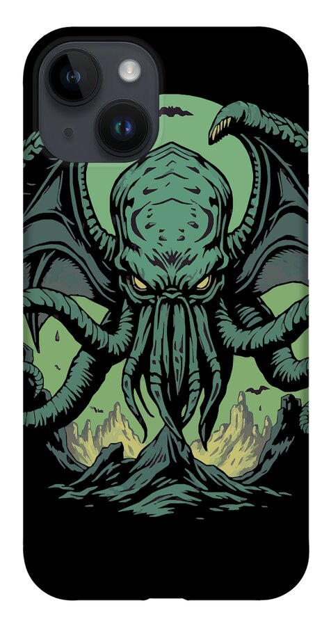 Phone case with green tentacled demon graphic and back camera lens cutouts