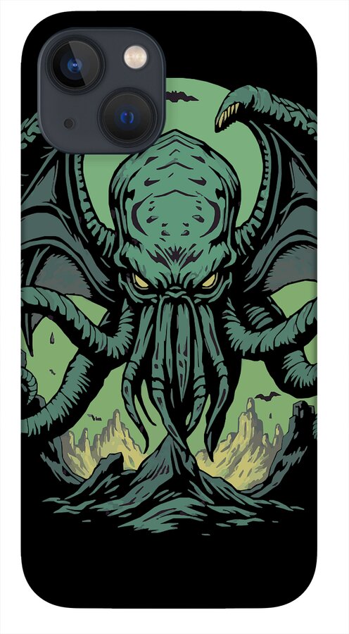 Phone case with green tentacled demon design and camera cutouts on gray back panel