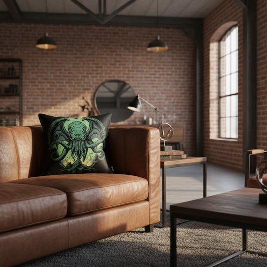 Black throw pillow with green fantasy demon face graphic on the front
