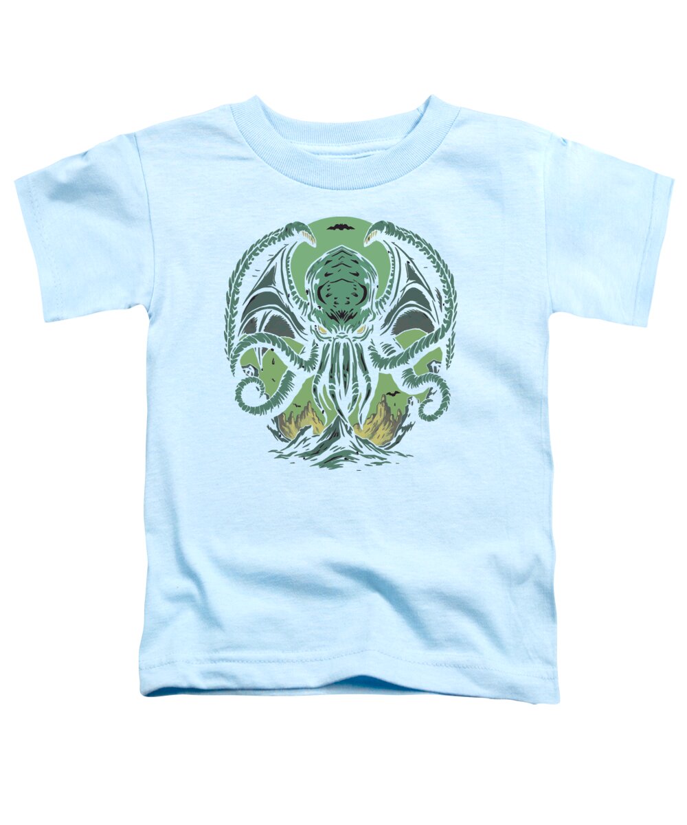 Light blue women's relaxed t-shirt with green Cthulhu-style demon front graphic.