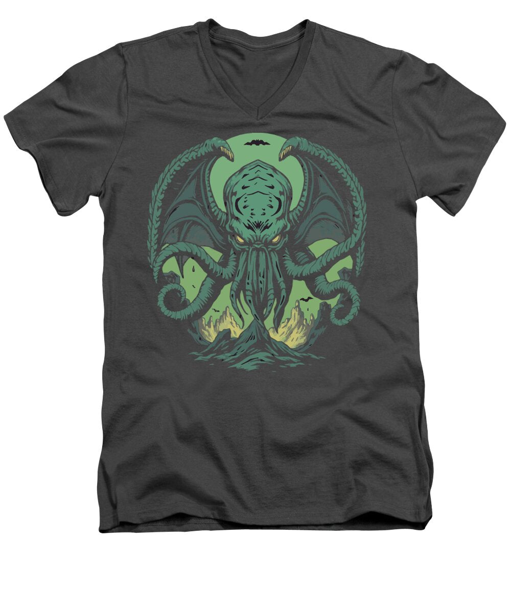 Men's V-neck T-shirt, charcoal gray, with teal tentacled Cthulhu graphic