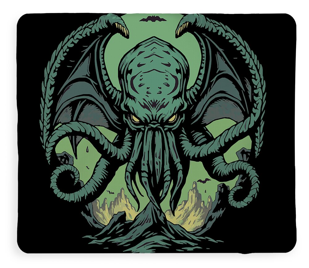 Throw blanket with Cthulhu demon graphic and tentacles, full panel view