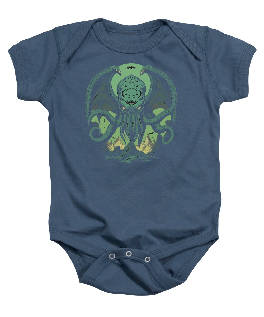 Navy blue baby onesie bodysuit with green tentacled demon graphic on chest