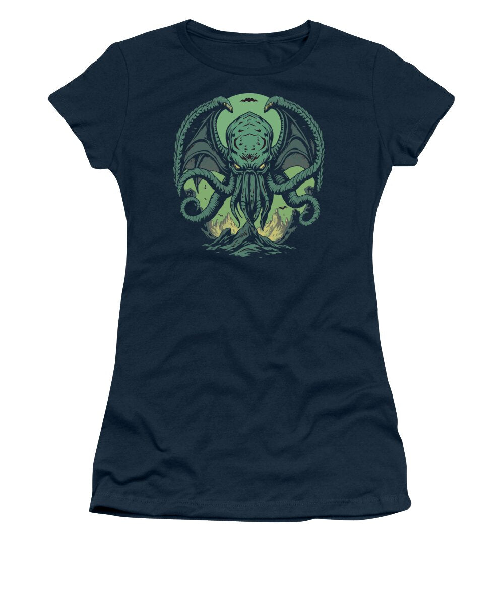 Navy women's t-shirt with green Cthulhu demon graphic on the front