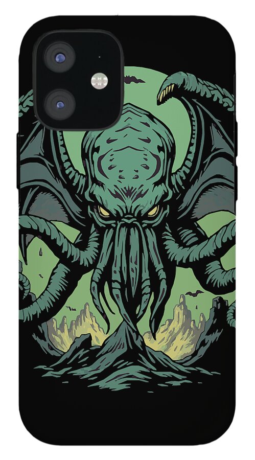 Black iPhone case featuring teal Cthulhu demon face and tentacles, clawed arms, ocean-floor scene.