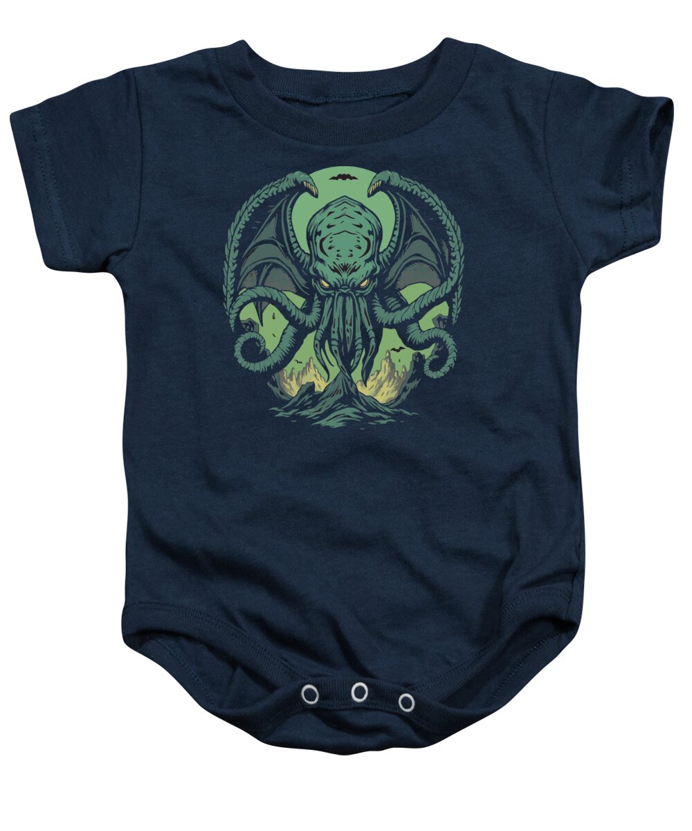 Indigo blue baby onesie bodysuit with green tentacled demon graphic on chest