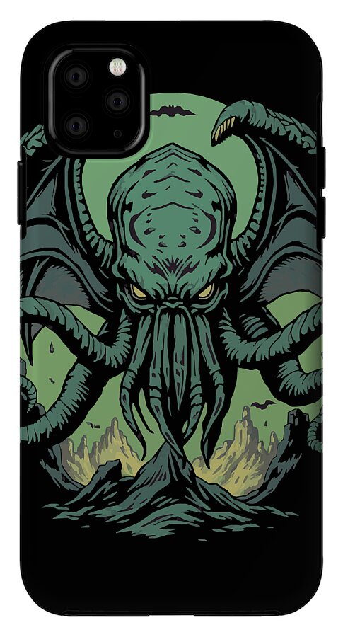 Black phone case with teal tentacled demon face and camera cutouts