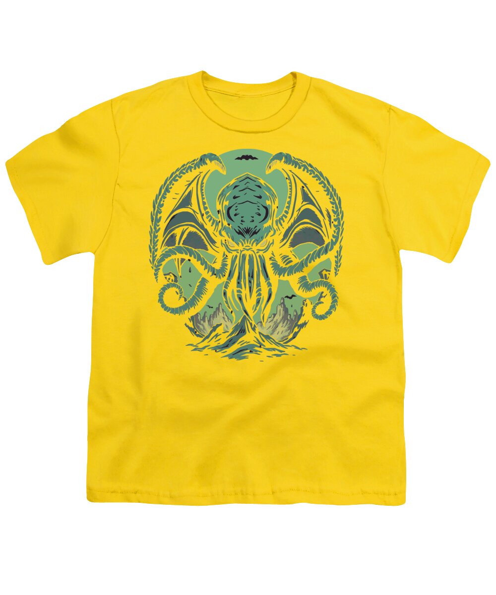 Youth T-shirt in yellow with teal sea monster graphic