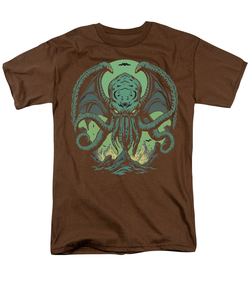 Men's graphic t-shirt, brown crew neck with green demon tentacle front print