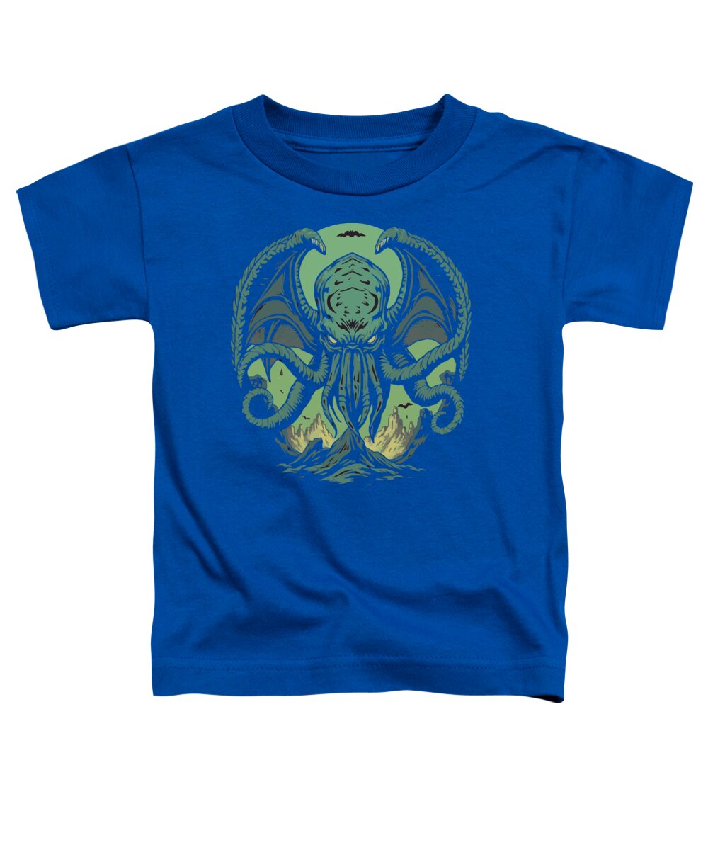 Women's relaxed T-shirt, blue crewneck with green demon graphic on front