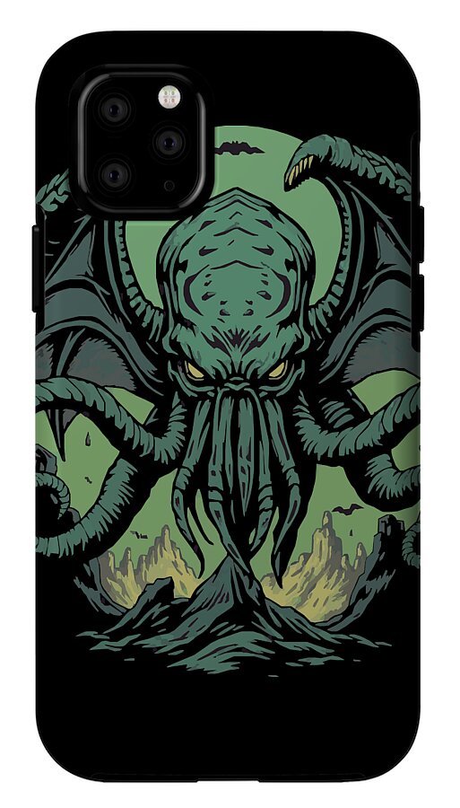 Black phone case with teal sea-monster artwork and camera cutouts