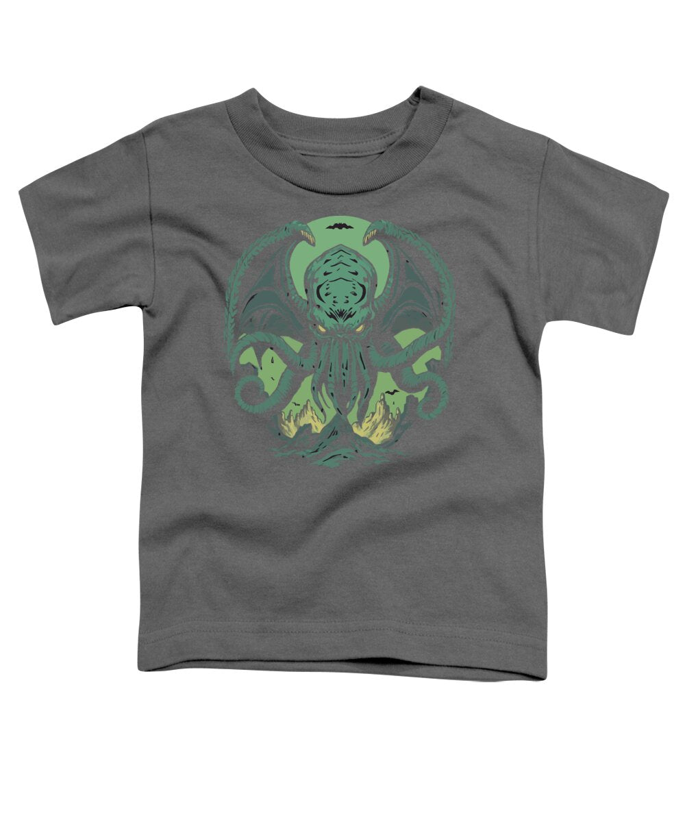Charcoal gray women's relaxed t-shirt with green Cthulhu-style demon front graphic.