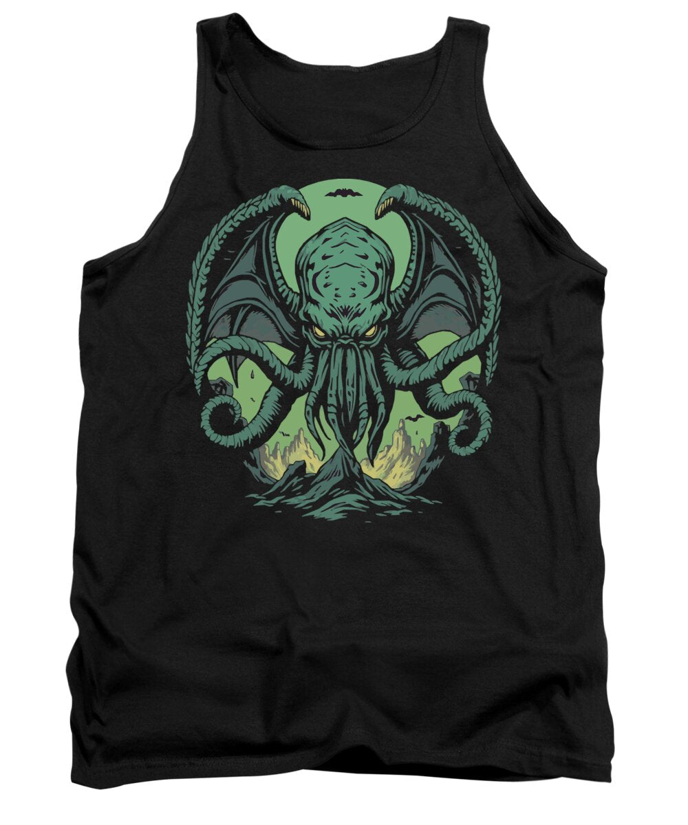 Black demon tank top with teal tentacle creature graphic at center chest