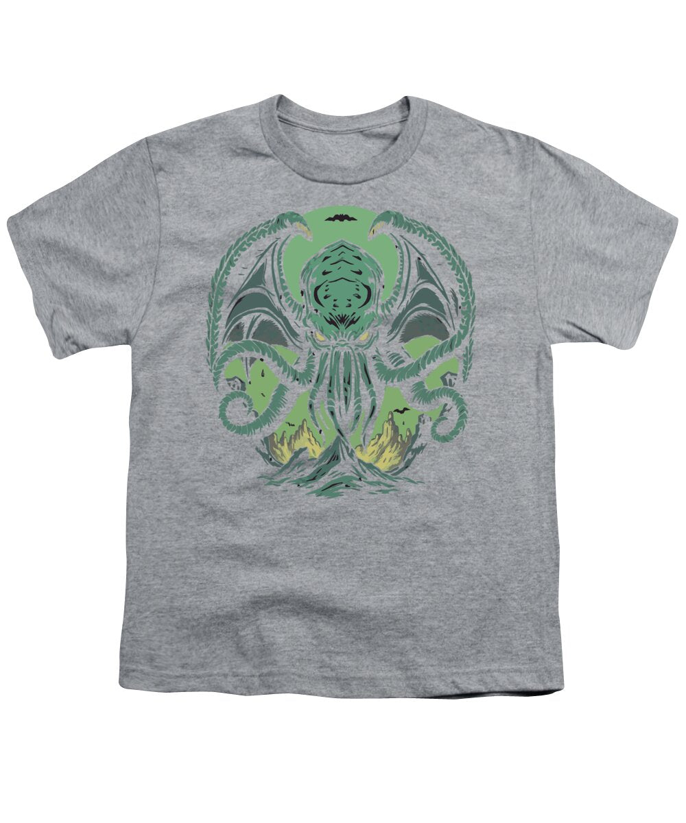 Gray youth graphic t-shirt with green tentacled demon face and wings print