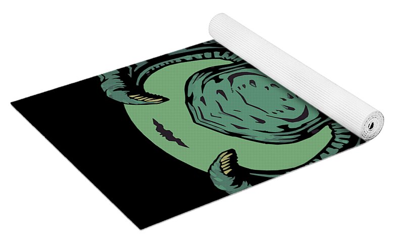 Rolled yoga mat with green Cthulhu demon tentacle artwork and white fabric grip