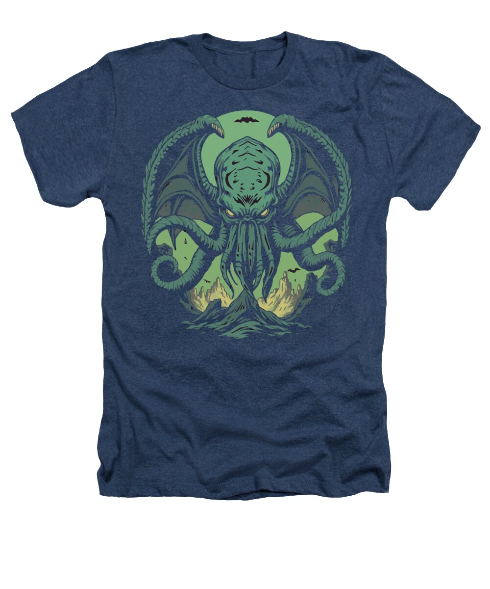 Navy heather T-shirt with green Cthulhu-style demon graphic on front
