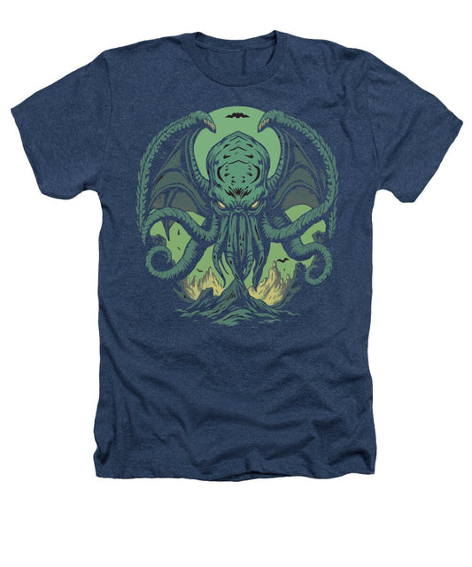 Navy heather T-shirt with green Cthulhu-style demon graphic on front