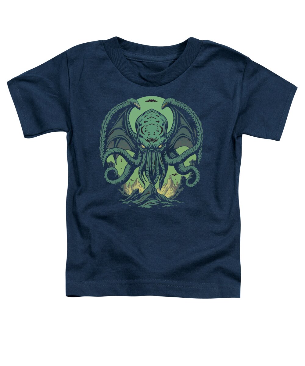 Navy women's relaxed t-shirt with green Cthulhu-style demon front graphic.