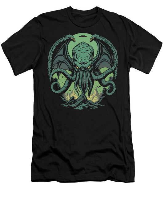 Black T-shirt with green tentacled demon graphic on front