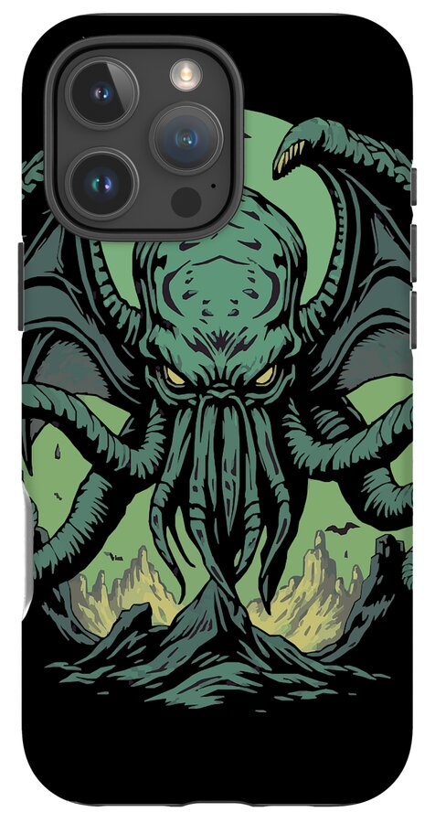 Phone case with teal Cthulhu demon artwork, black edges, camera openings visible
