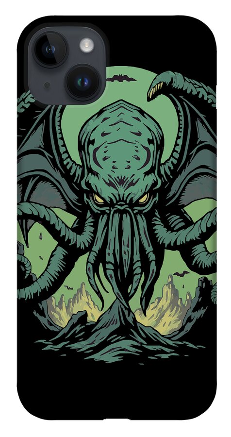 Phone case with green tentacled demon illustration and camera lens cutouts on back