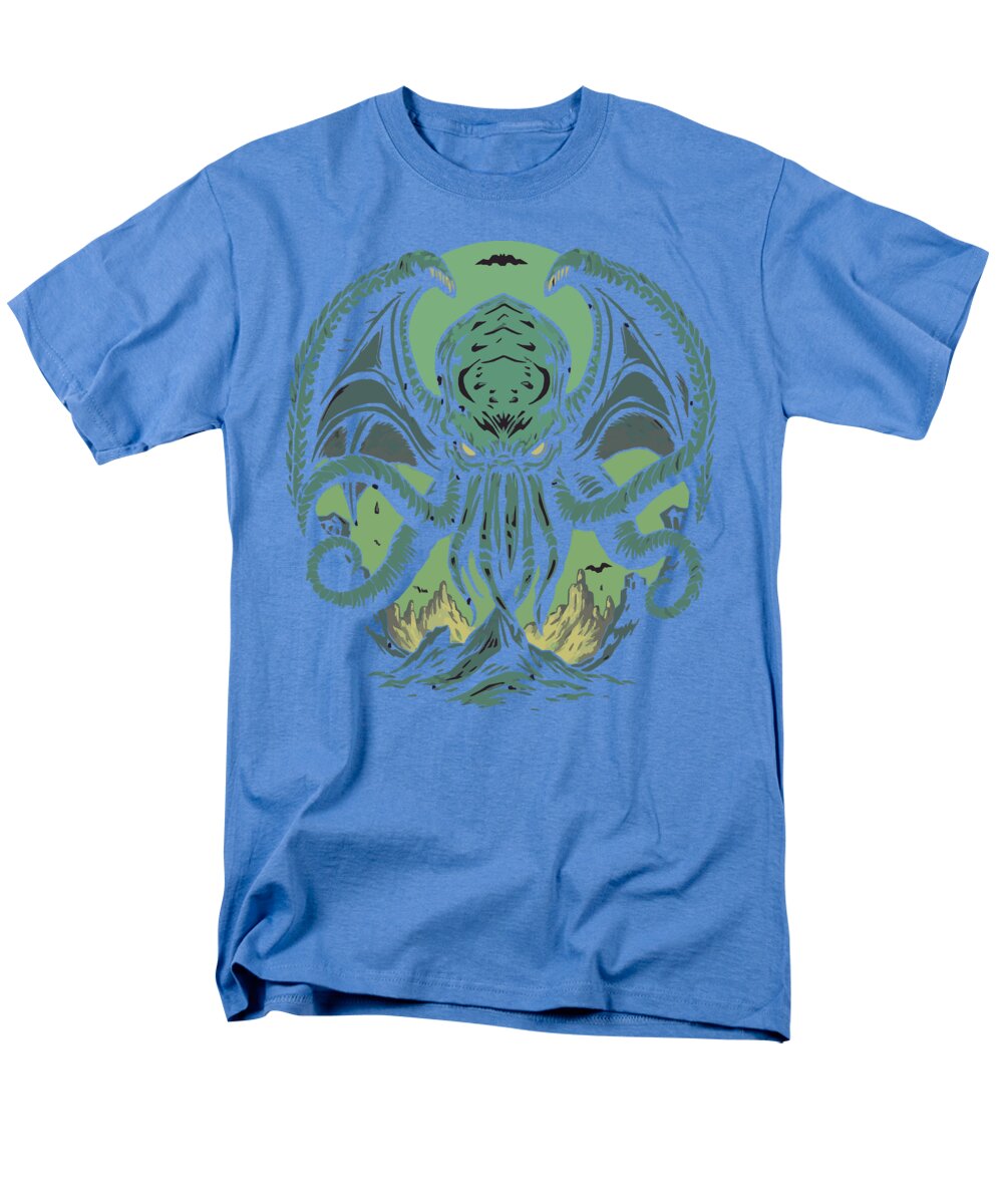 Men's graphic t-shirt, light blue crew neck with green demon tentacle front print