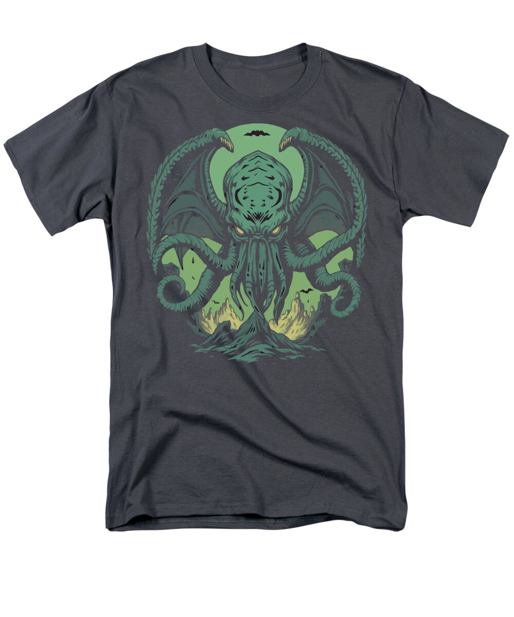 Men's graphic t-shirt, charcoal crew neck with green demon tentacle front print