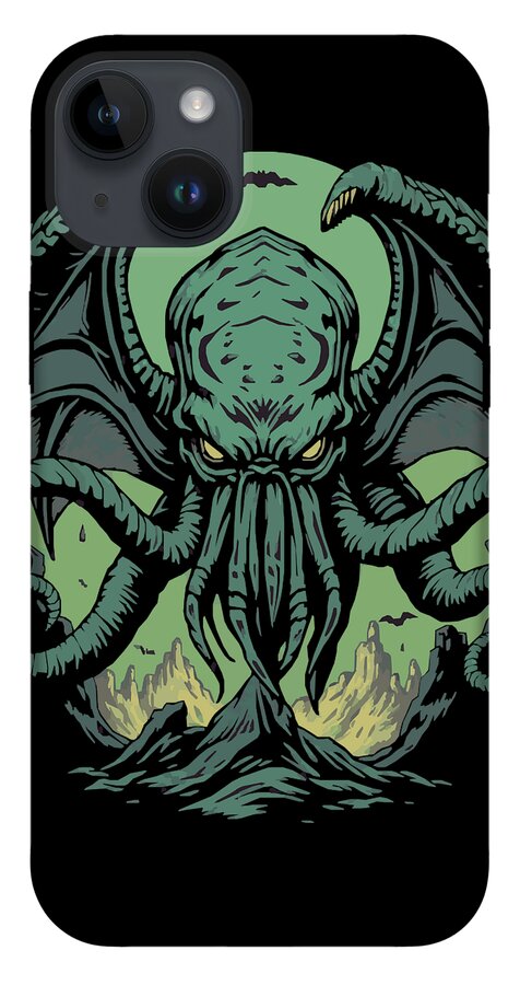 Phone case with green tentacled demon design and back camera openings