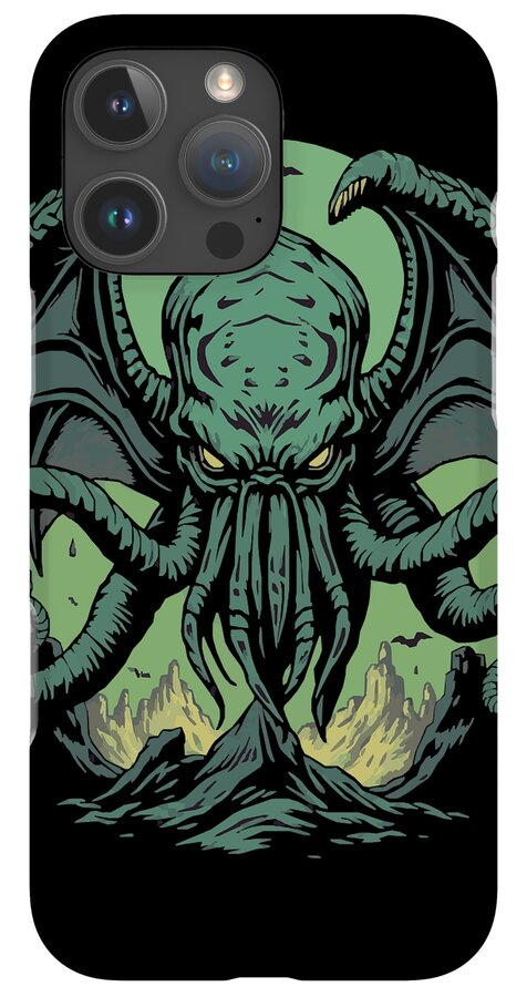 Phone case featuring teal monstrous tentacles and face, black border, circular camera lenses