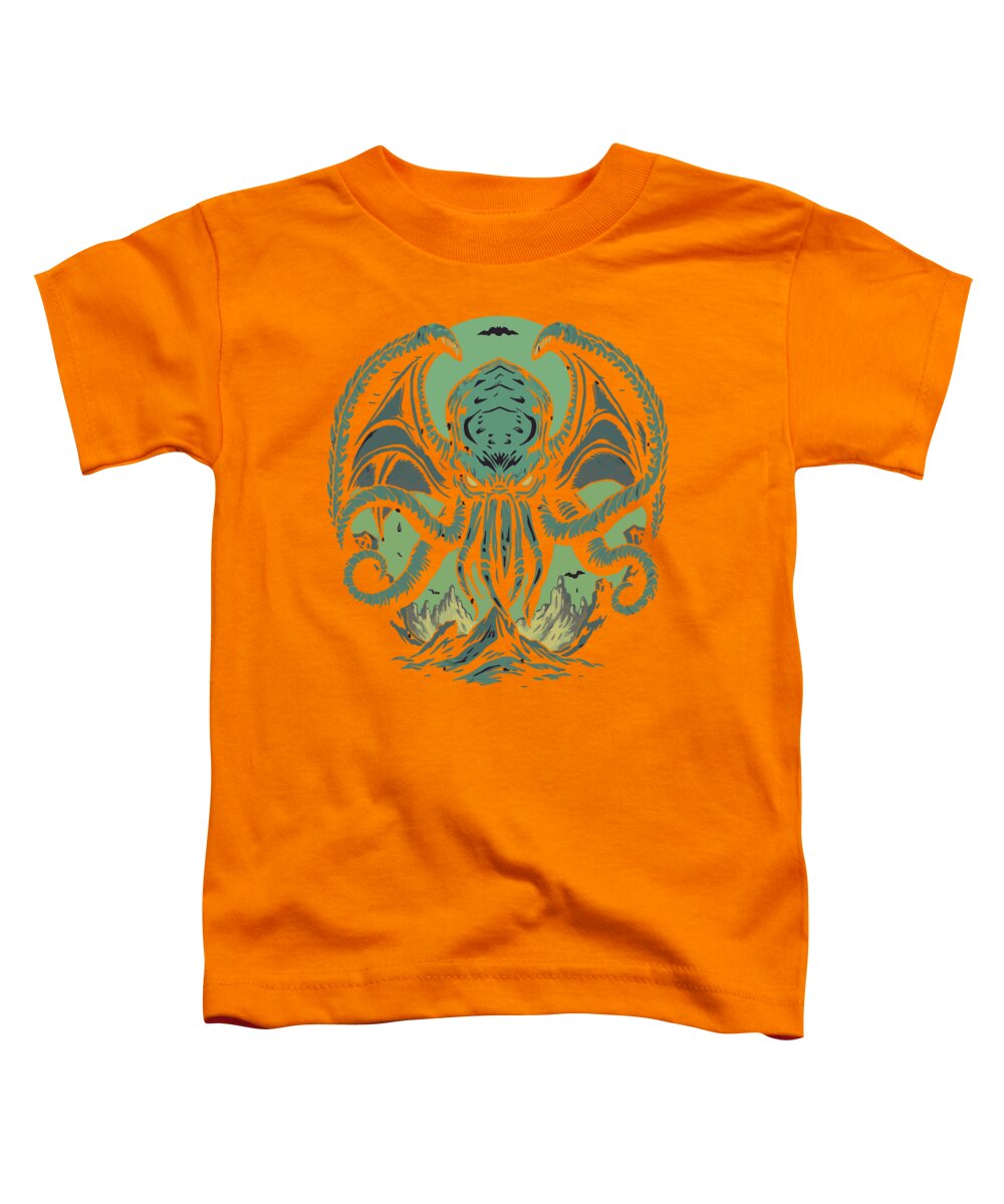 Orange women's relaxed t-shirt with green Cthulhu-style demon front graphic.