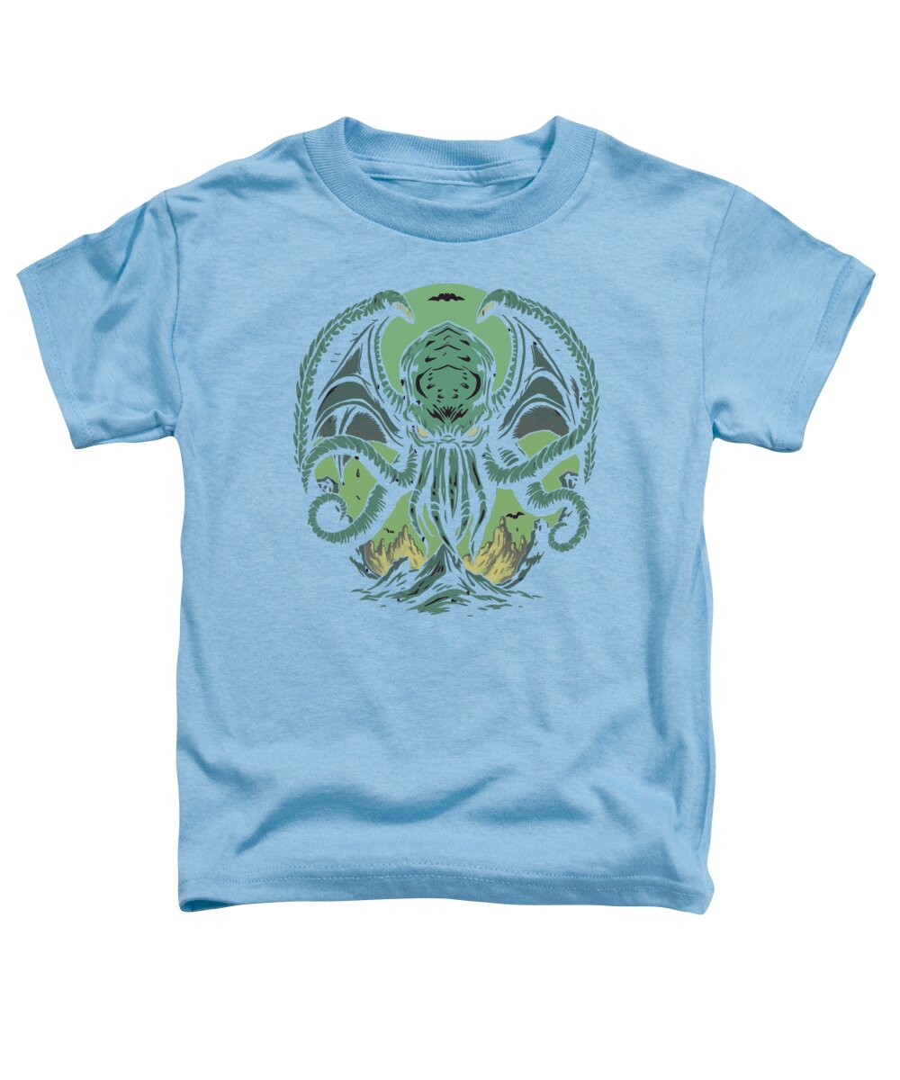 Light blue women's relaxed t-shirt with green Cthulhu-style demon front graphic.