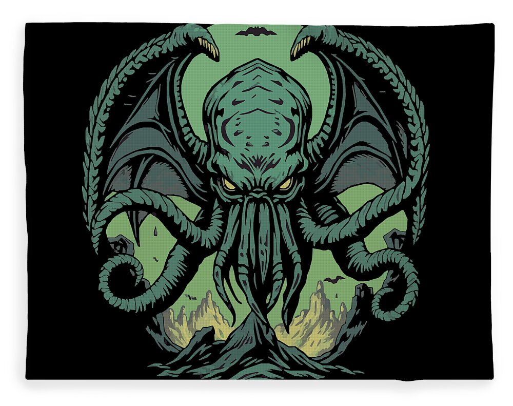 Throw blanket featuring a green Cthulhu demon illustration with wide wings, full front view