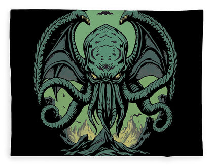 Throw blanket featuring a green Cthulhu demon illustration with wide wings, full front view