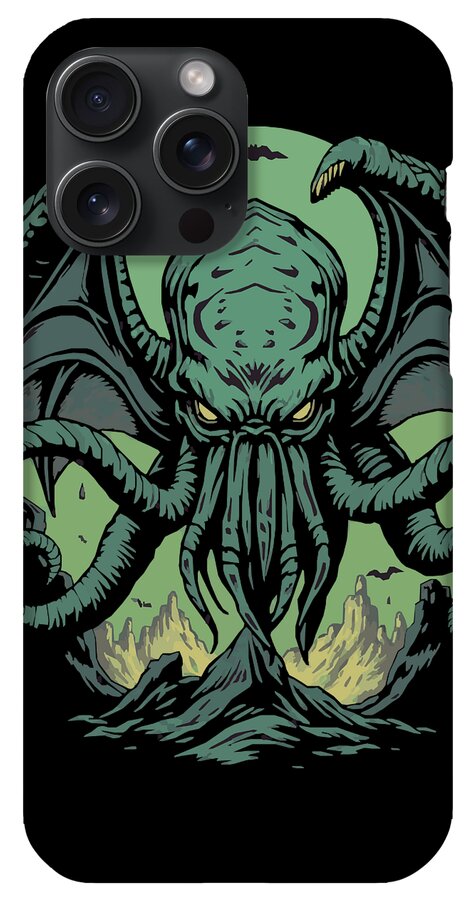 Phone case with teal Cthulhu-style demon illustration, black frame, rear camera lenses