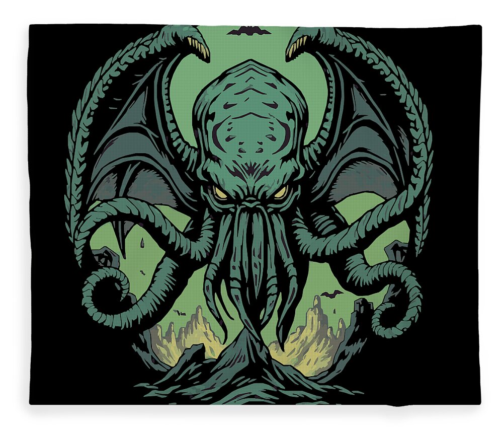Throw blanket with dark Cthulhu demon graphic print on black background, centered design