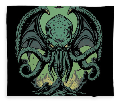 Throw blanket with dark Cthulhu demon graphic print on black background, centered design